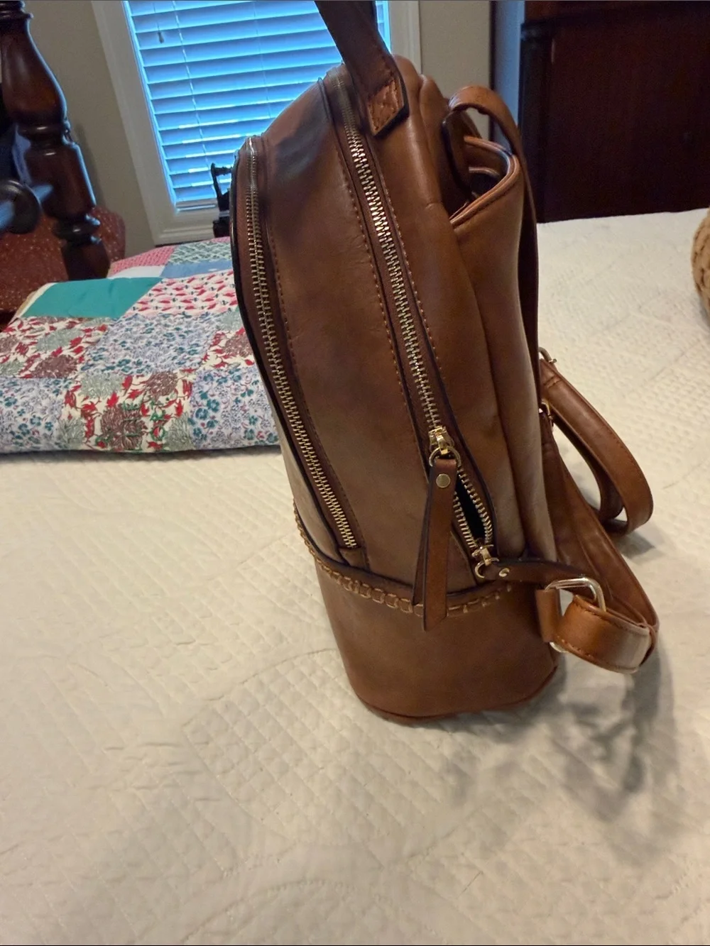 Men's Tan Leatherette Backpack with Braided Trim